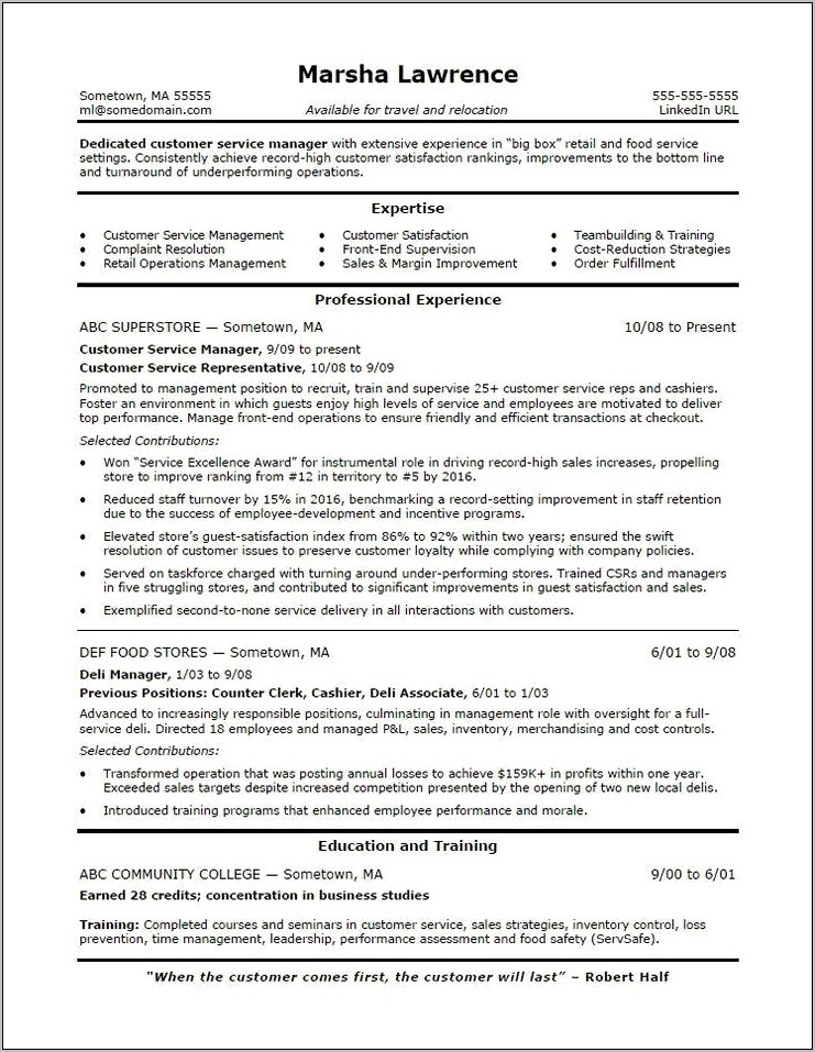 Managerial Food Service Manager Resume