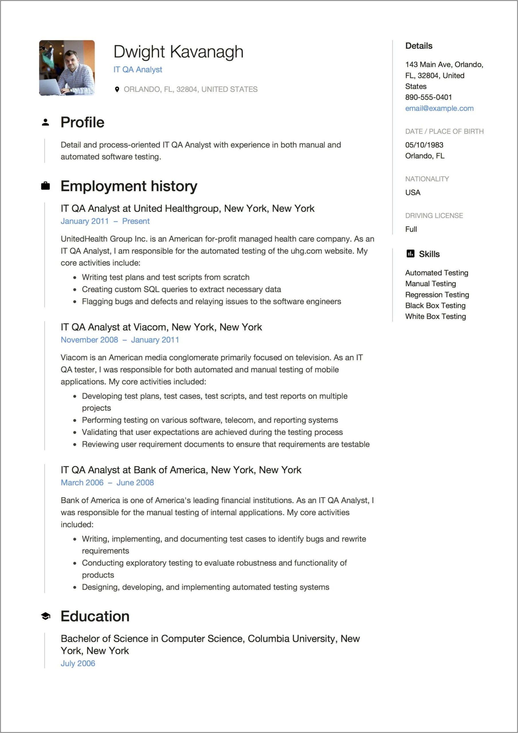 Manual Testing Job Profile Resume