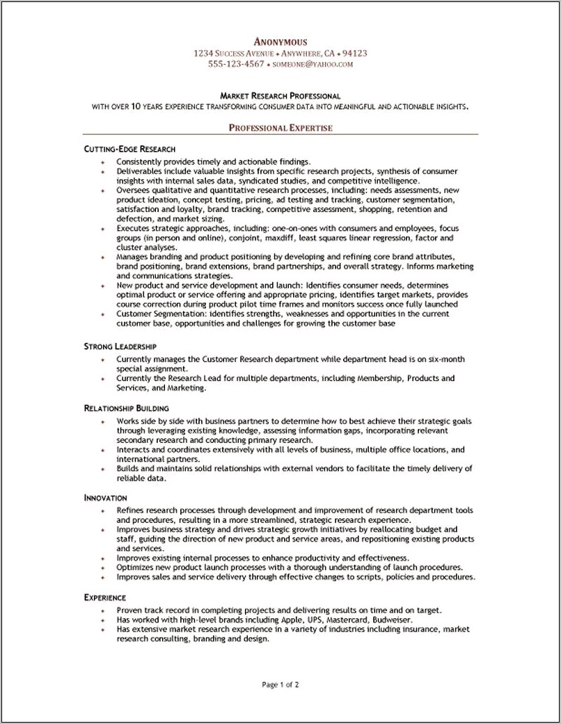 Market Research Consultant Resume Example