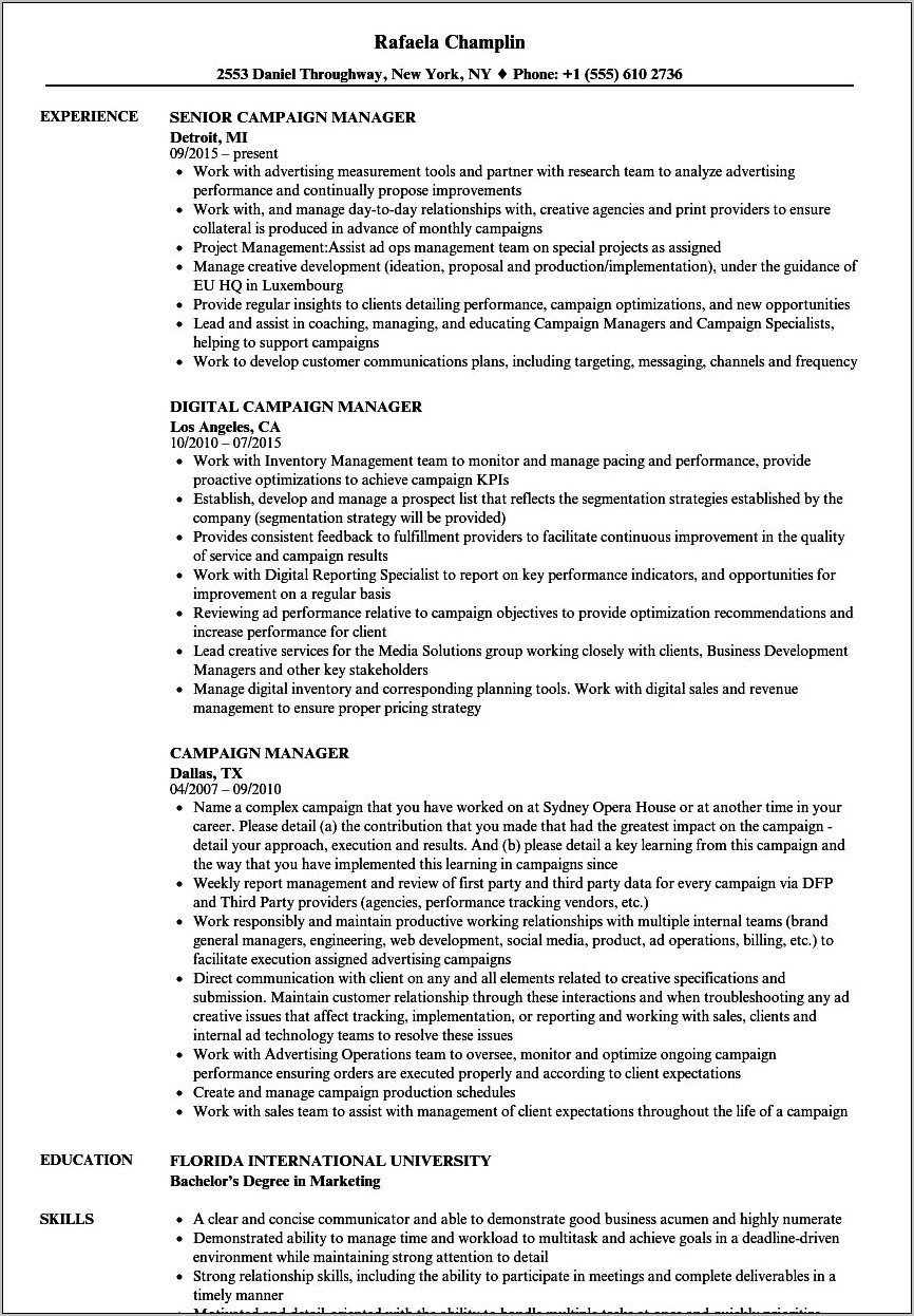 Marketing Campaign Manager Resume Sample