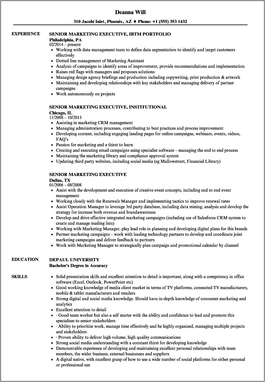 Marketing Executive Job Description Resume