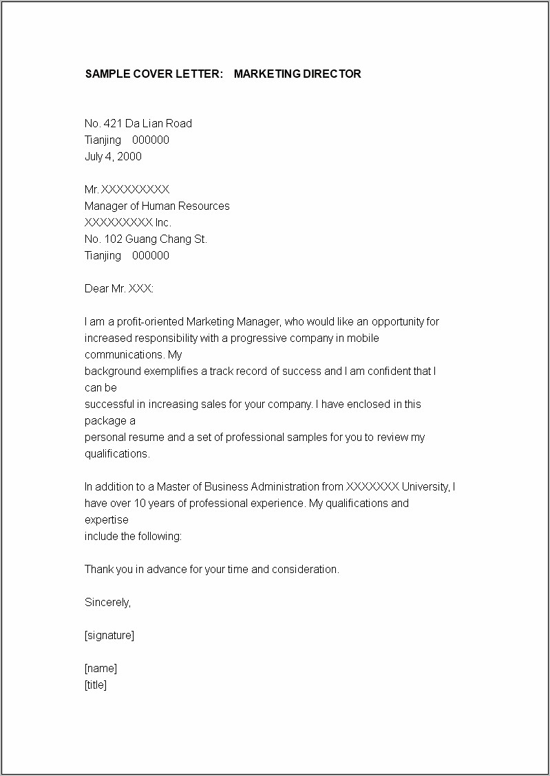 Marketing Manager Resume Cover Letter