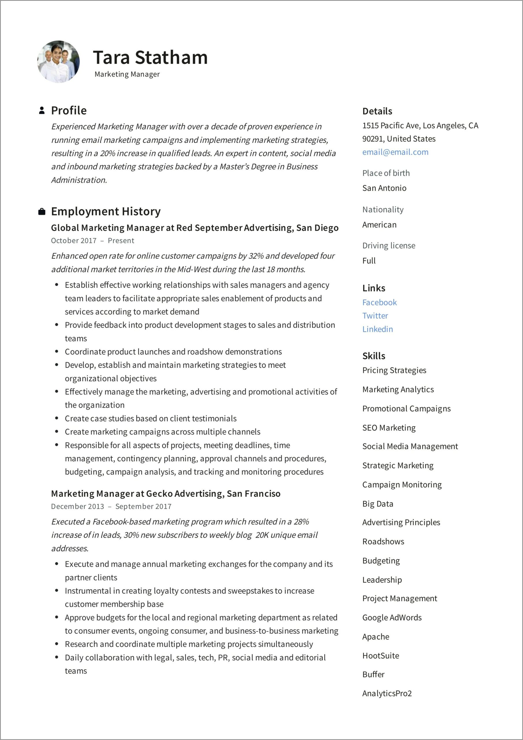 Marketing Manager Resume Summary Sample