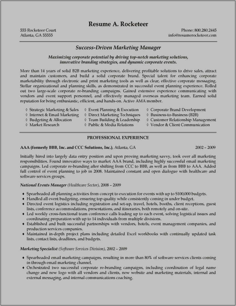 Marketing Manager Summary For Resume