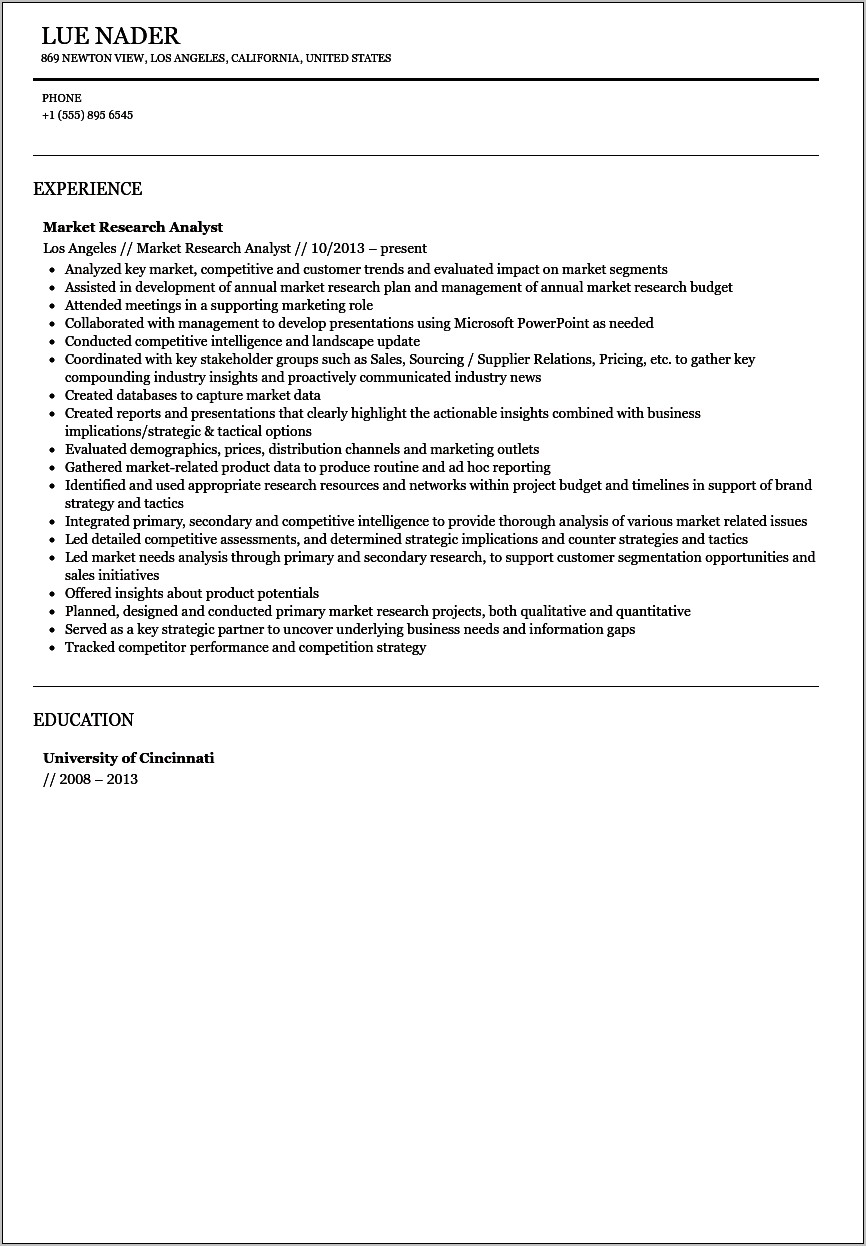 Marketing Research Analyst Resume Sample