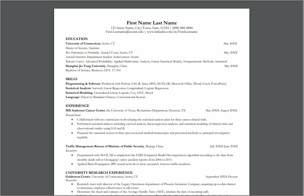 Masters Of Managment Student Resume
