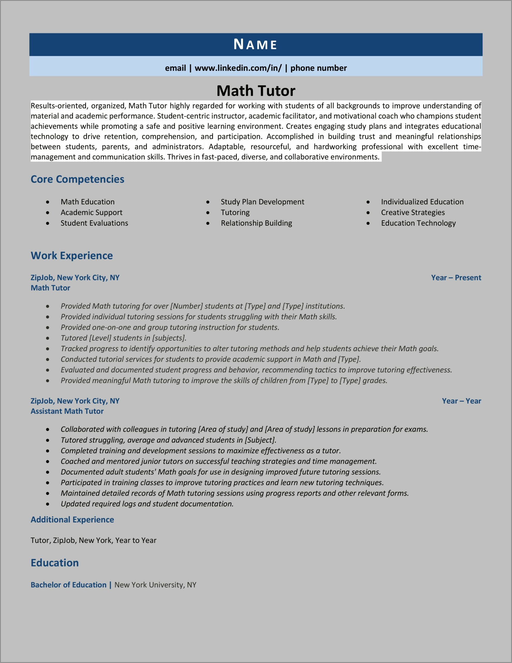 Math Tutor Sample Resume Jobjere