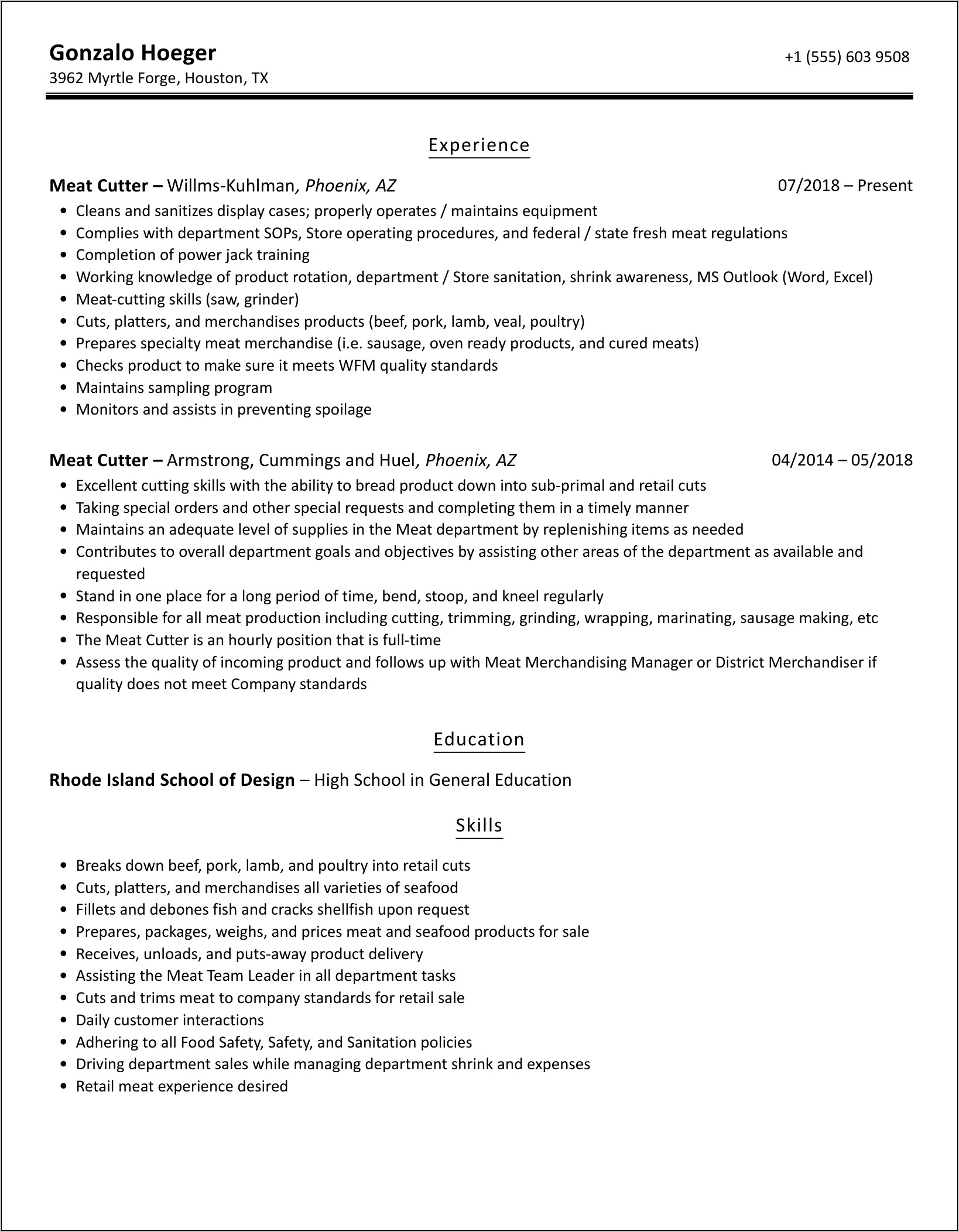 Meat Cutting Skills For Resume