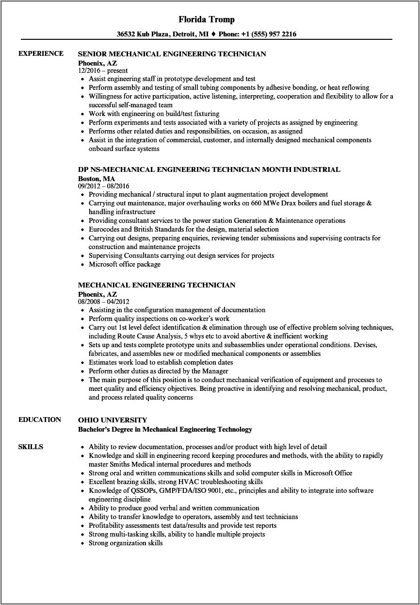 Mechanical Engineering Sample Resume Download