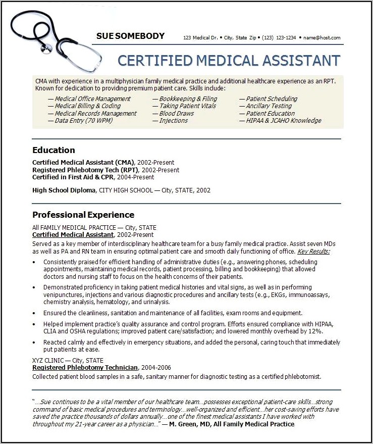 Medical Administrative Specialist Resume Sample