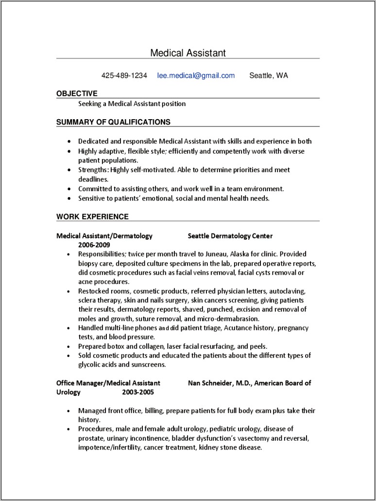 Medical Assitant Objection In Resume