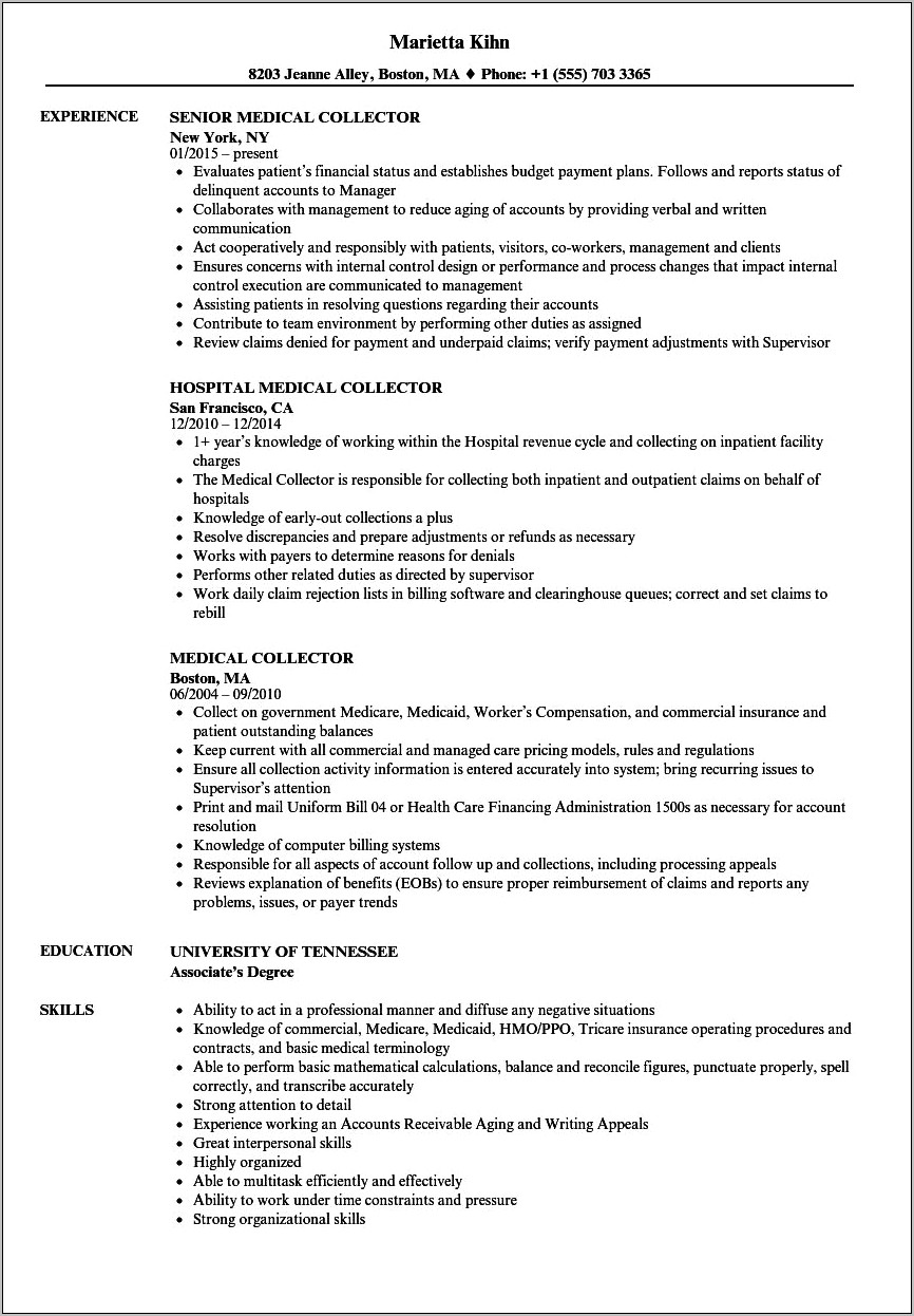 Medical Collector Job Description Resume