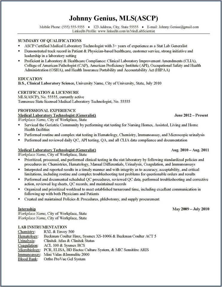 Medical Laboratory Technologist Resume Examples