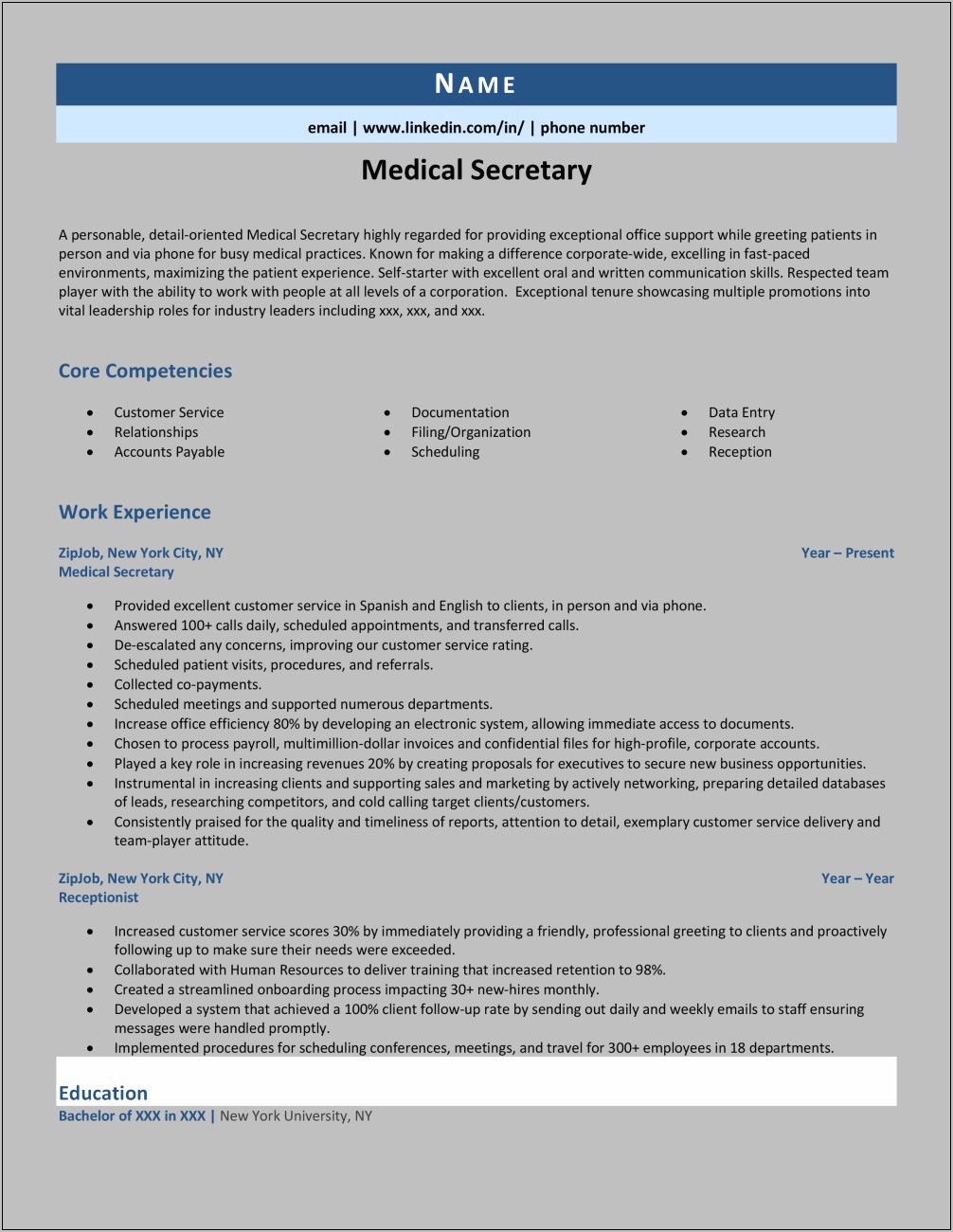 Medical Secretary Job Resume Example