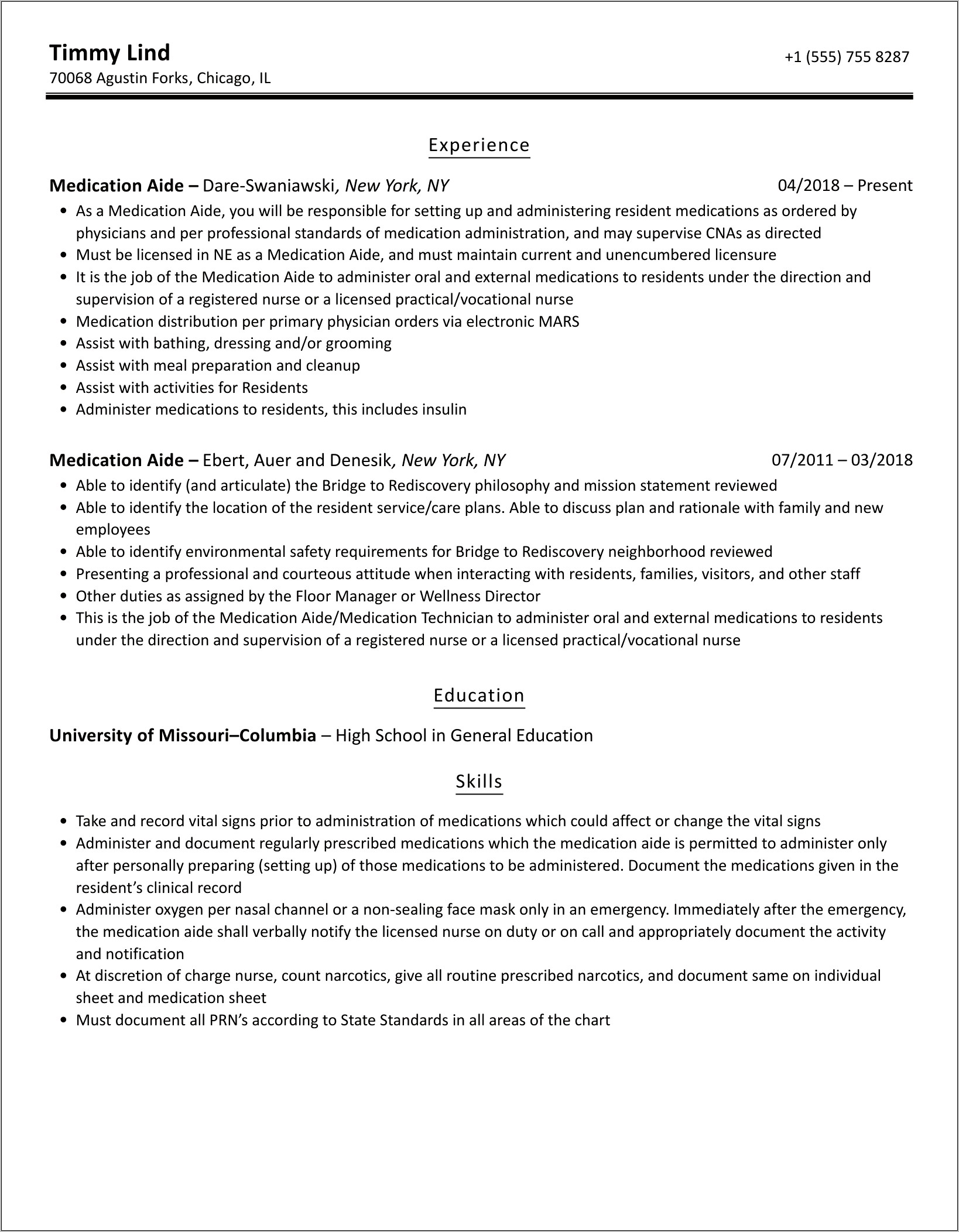 Medication Aide Job Description Resume