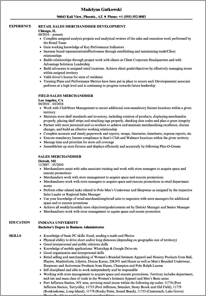 Merchandiser Job Description Sample Resume