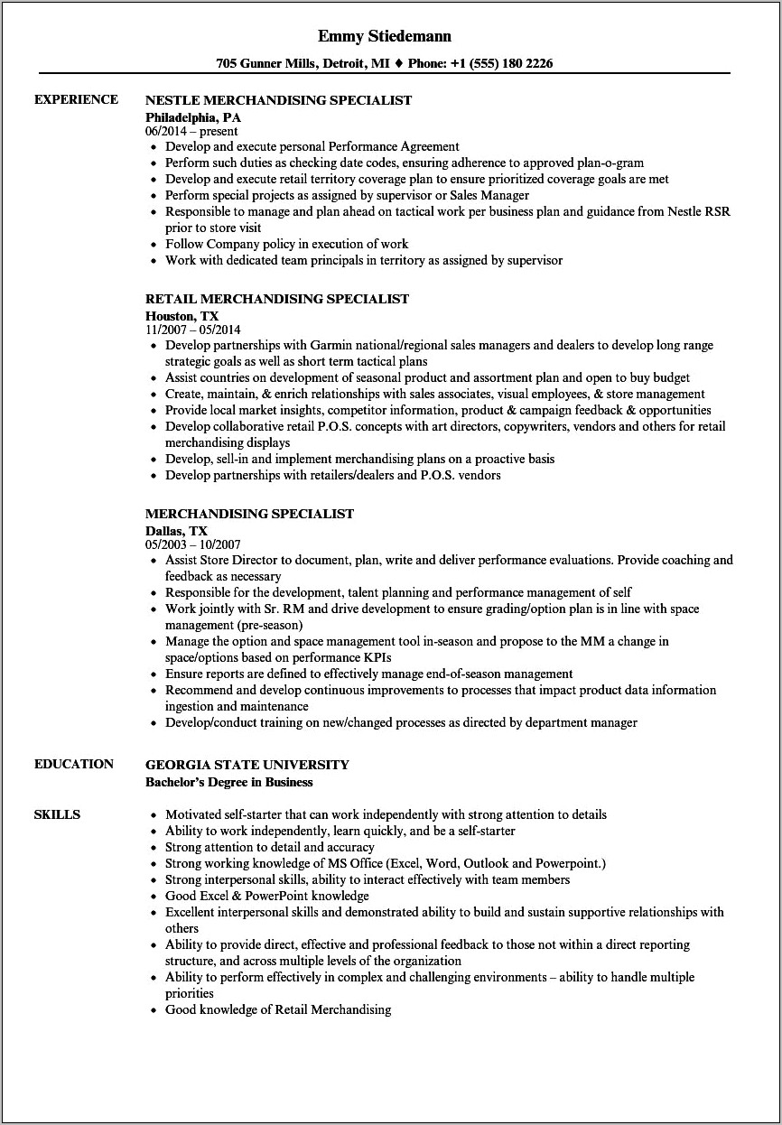 Merchandising Specialist Job Description Resume