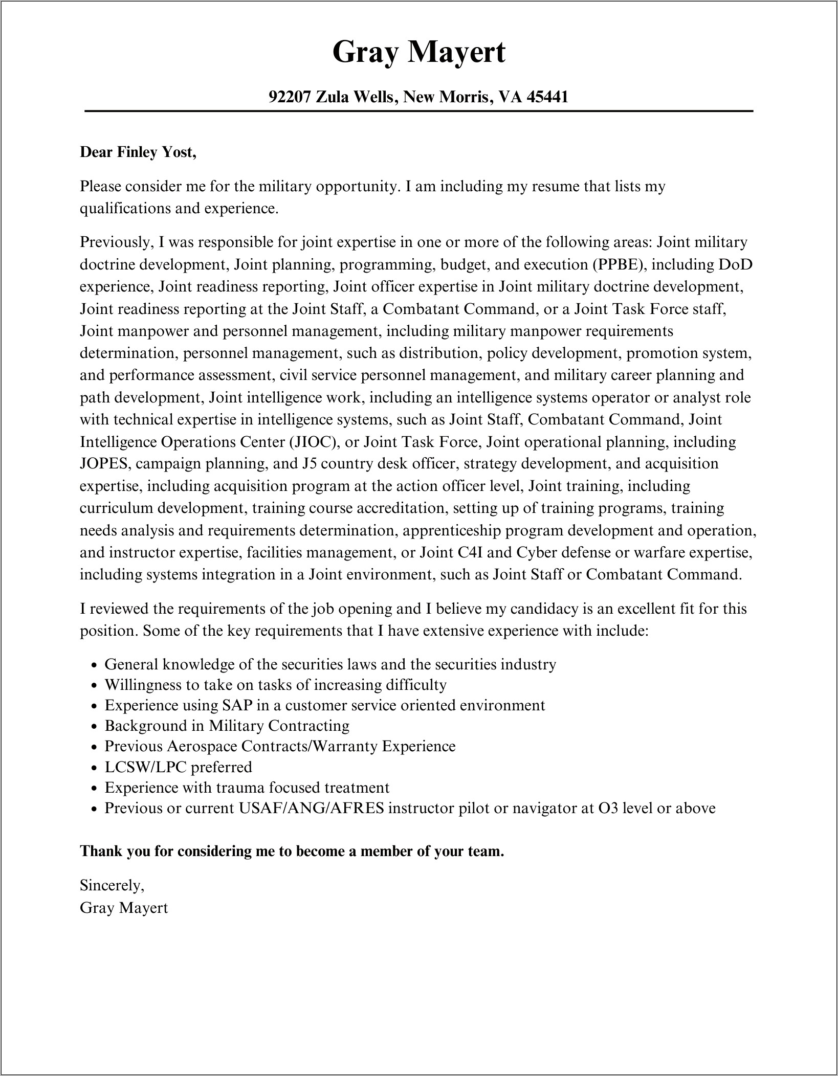 Military Resume Cover Letter Example