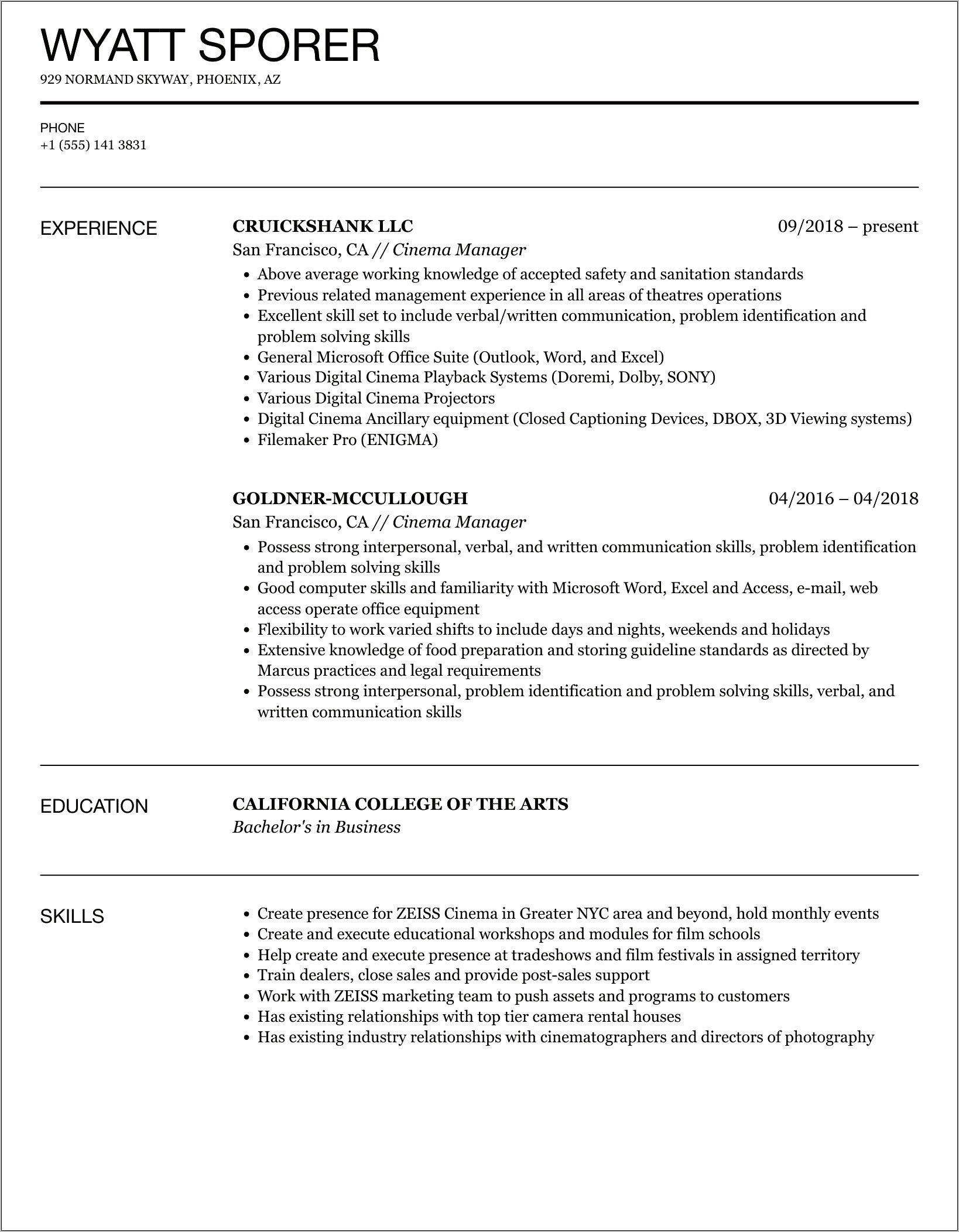 Movie Theater Assistant Manager Resume