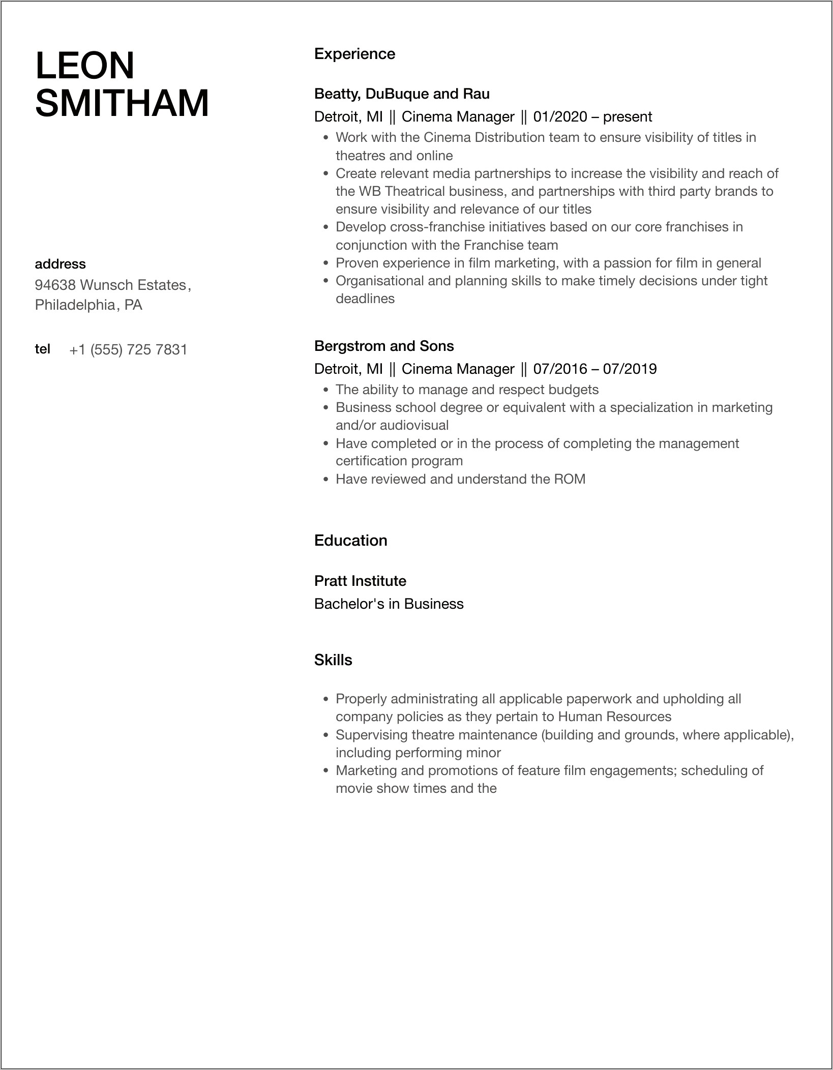 Movie Theater Manager Resume Sample