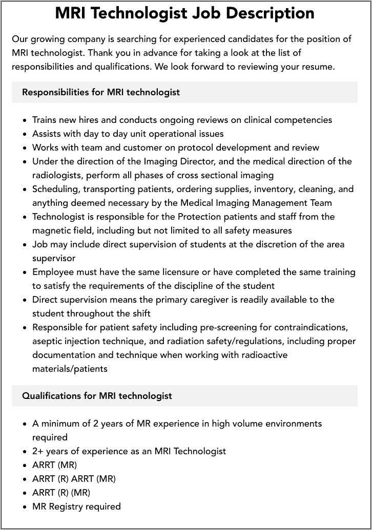 Mri Technologist Job Description Resume