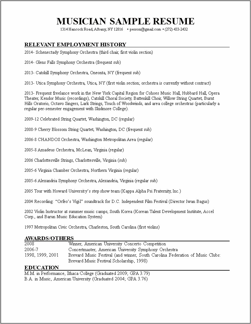 Music Resume Example For College