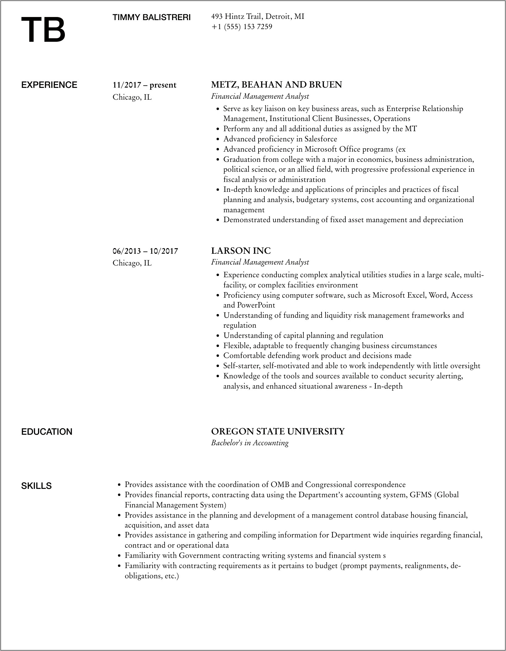 Navy Financial Management Analyst Resume