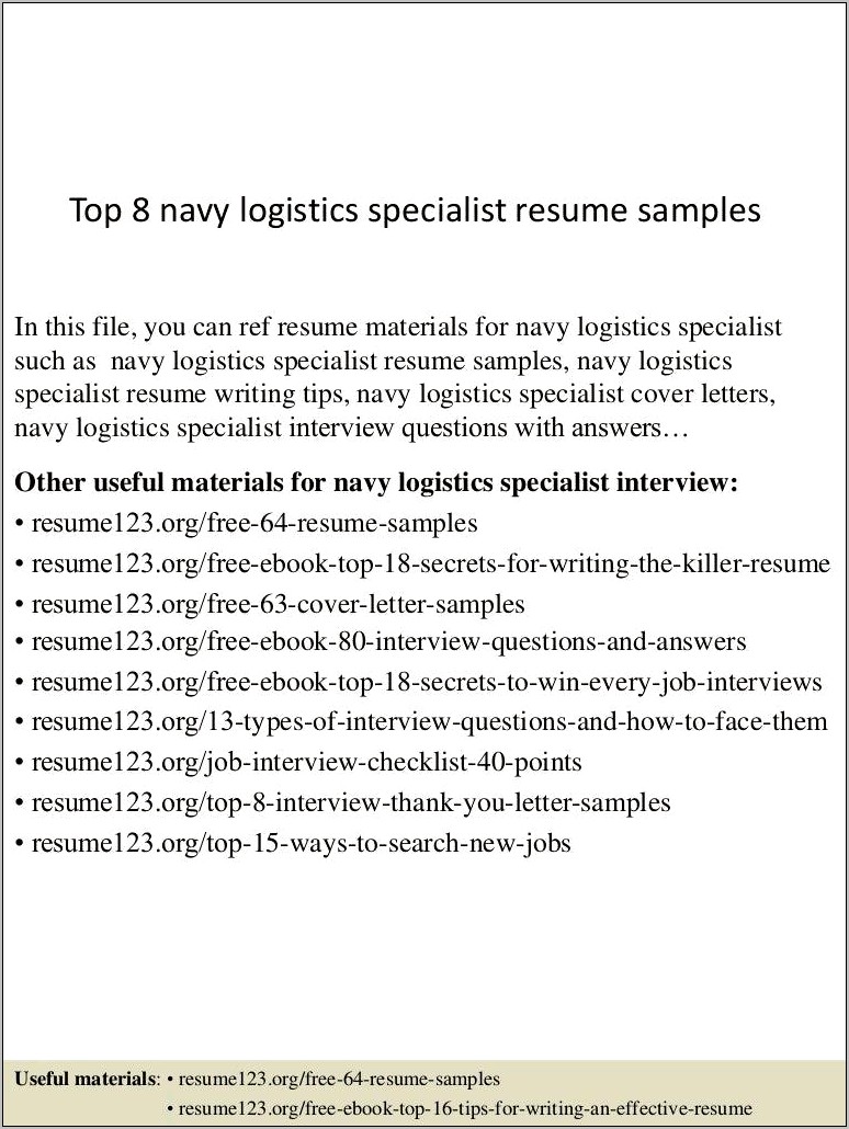 Navy Logistics Specialist Resume Sample