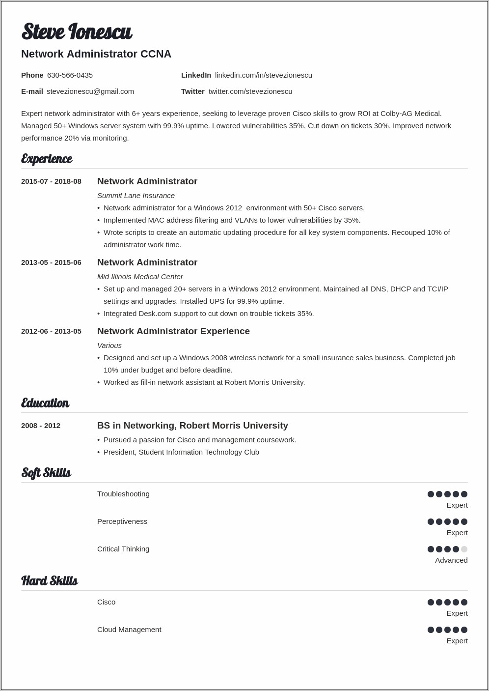 Network Administrator Experience Resume Sample