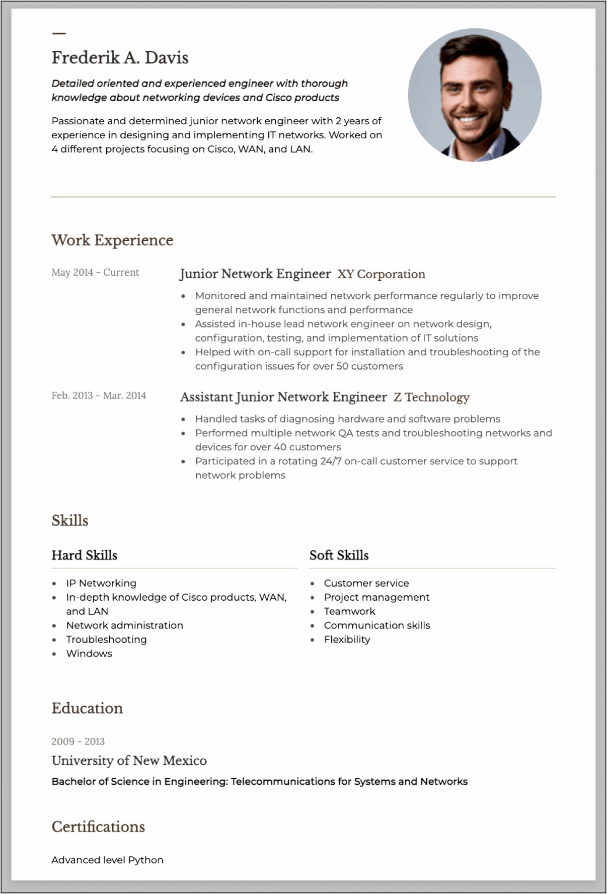 Network Management It Resume Examples