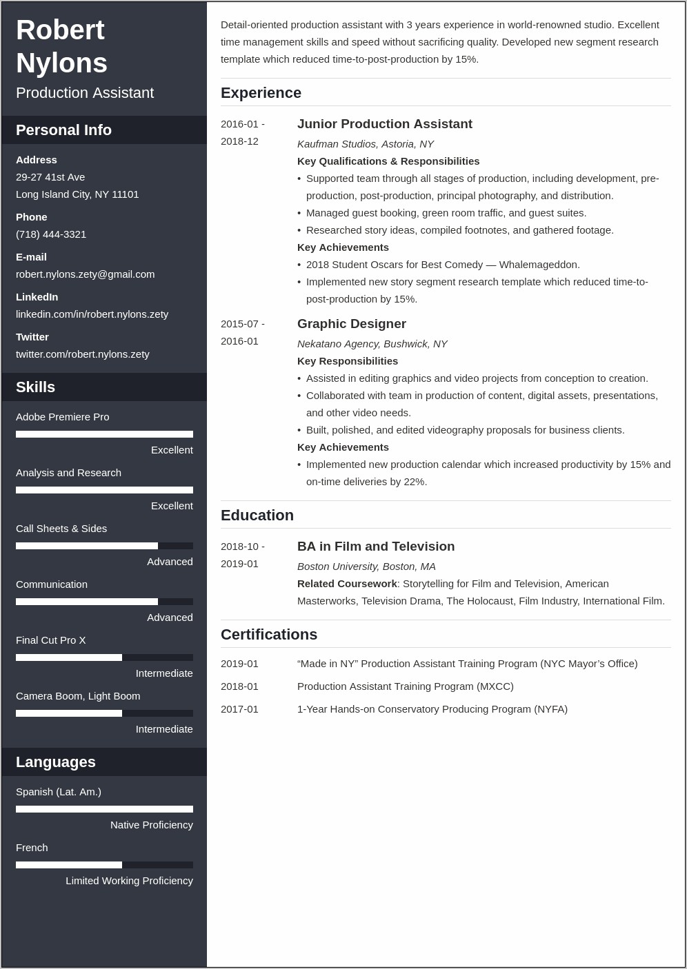 New Production Assistant Resume Examples