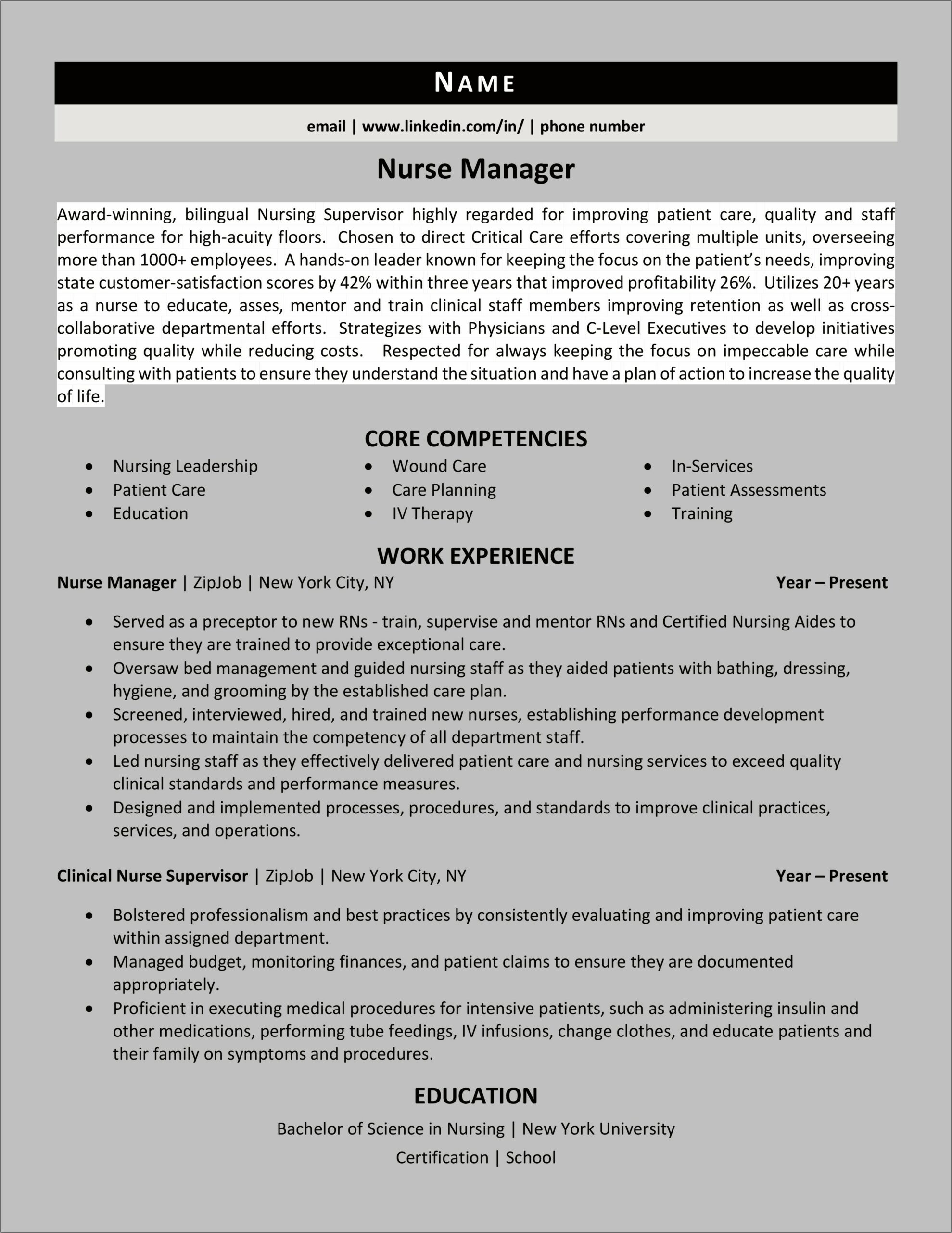 Nurse Unit Manager Resume Examples