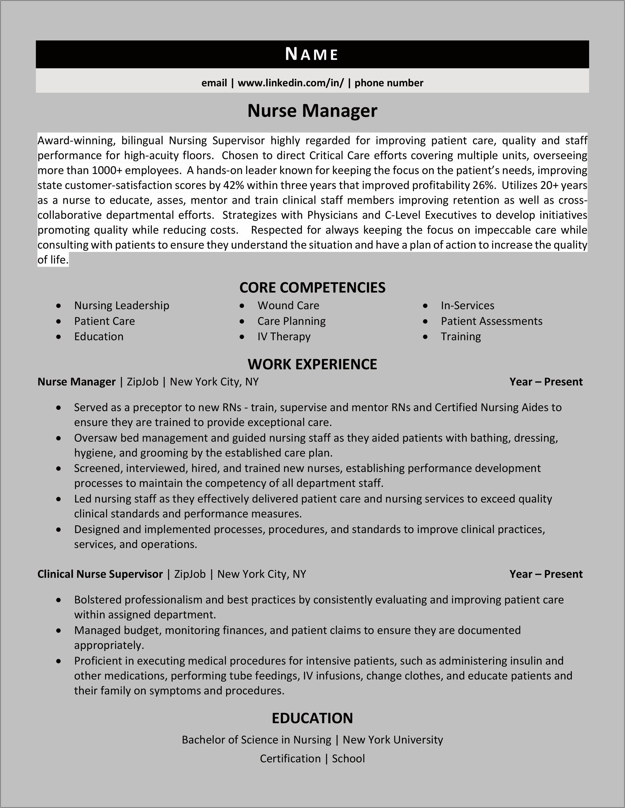 Nurse Unit Manager Resume Examples