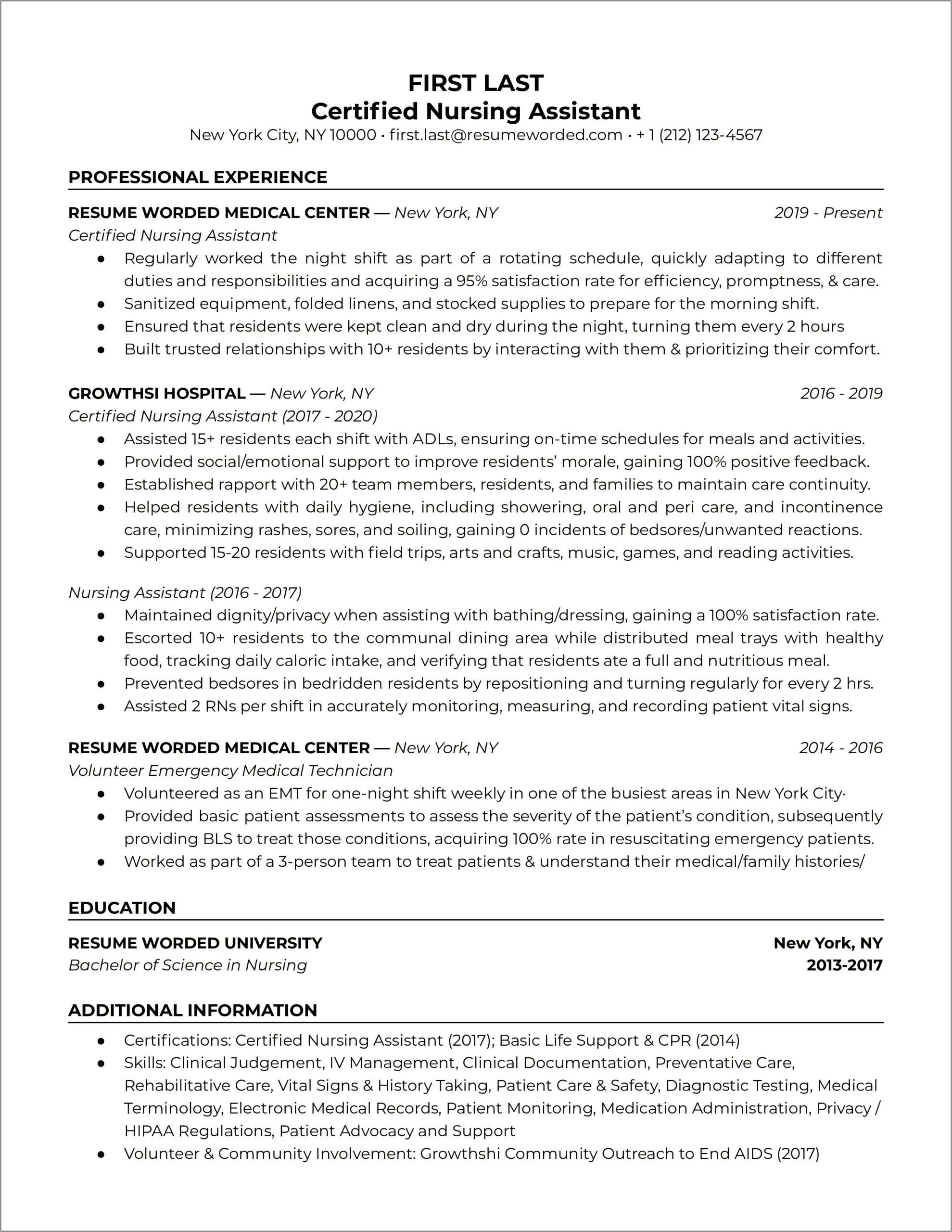 Nursing Assistant Job Resume Summary