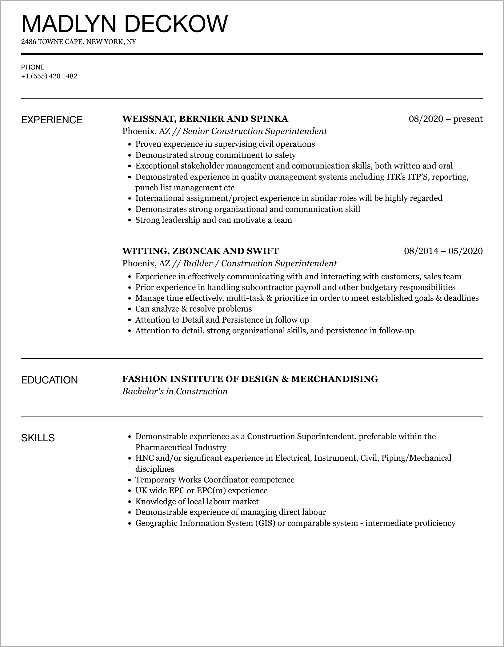 Nys Construction Superintendent Resume Sample