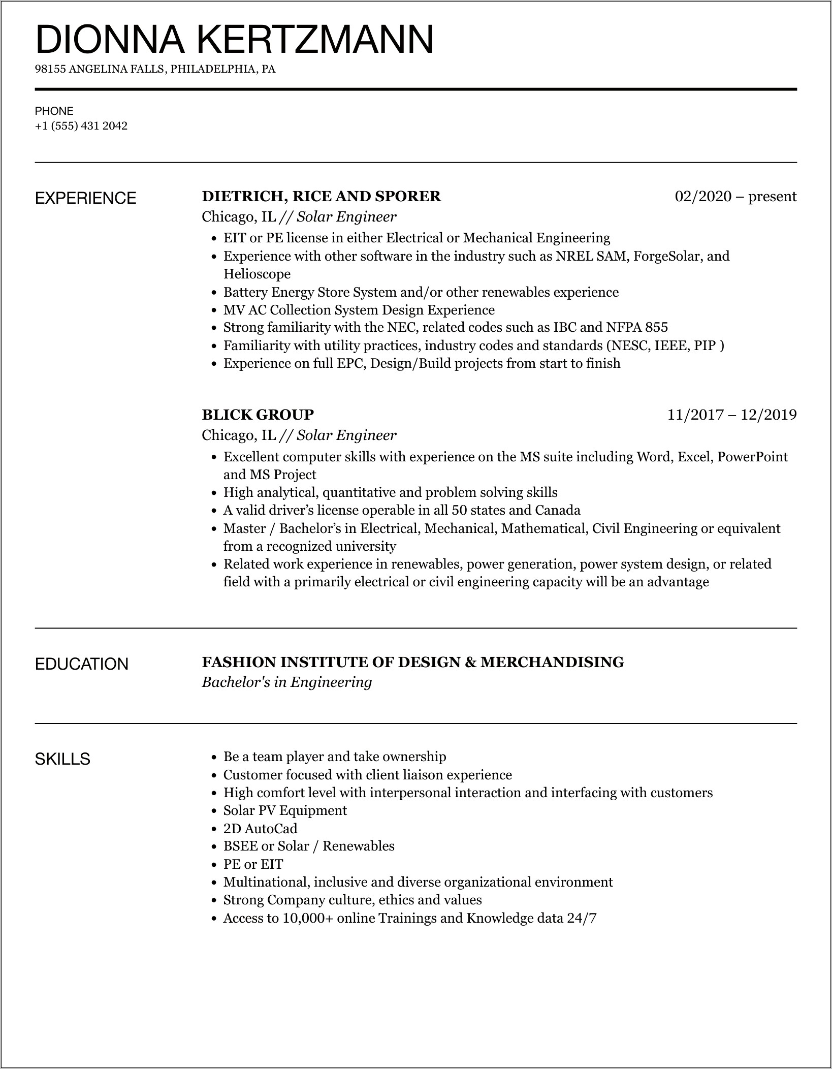 Objective For A Solar Resume