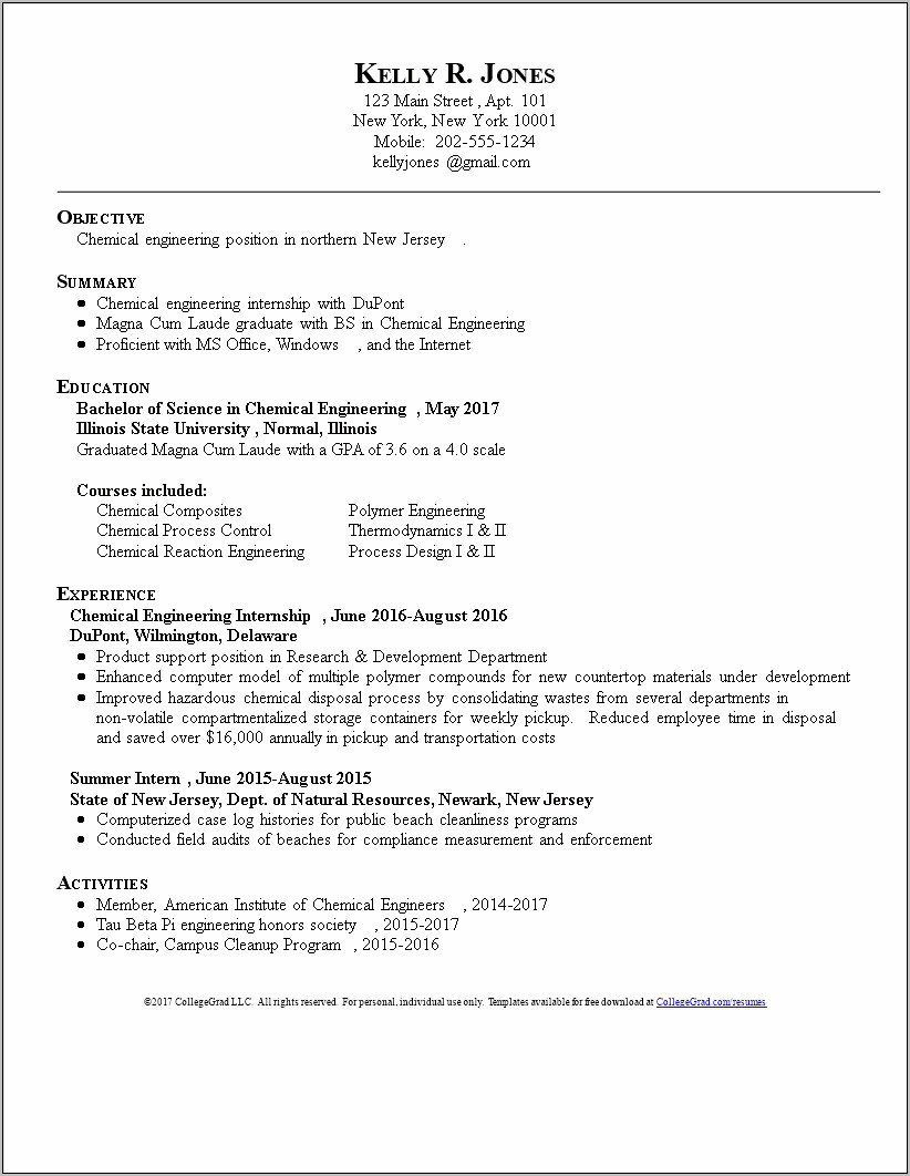 Objective For Chemical Engineering Resume