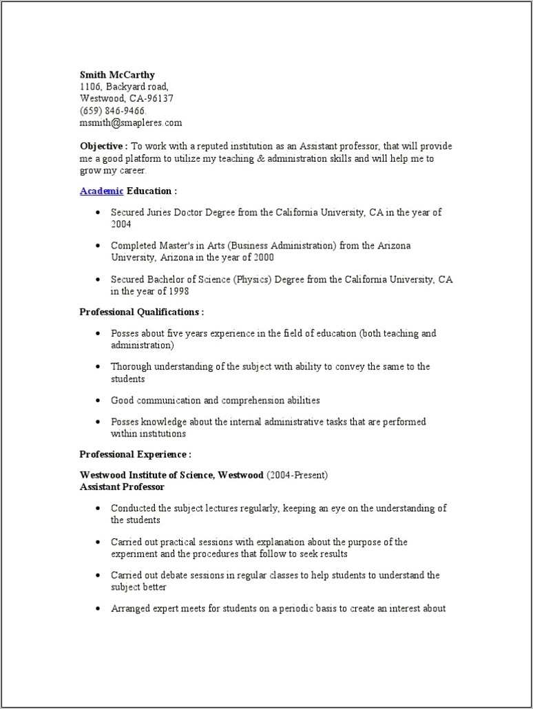 Objective For College Teaching Resume