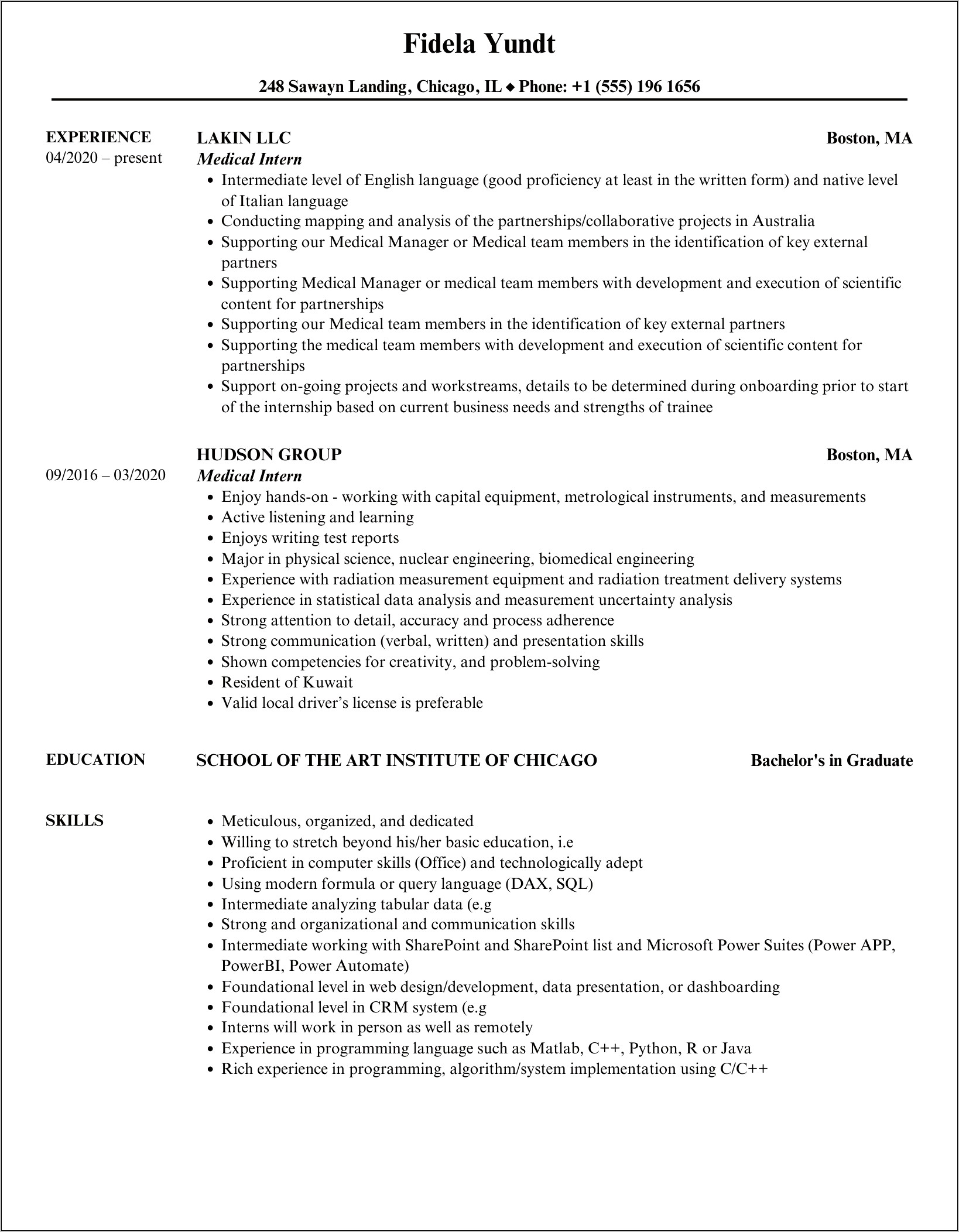 Objective For Medical Internship Resume