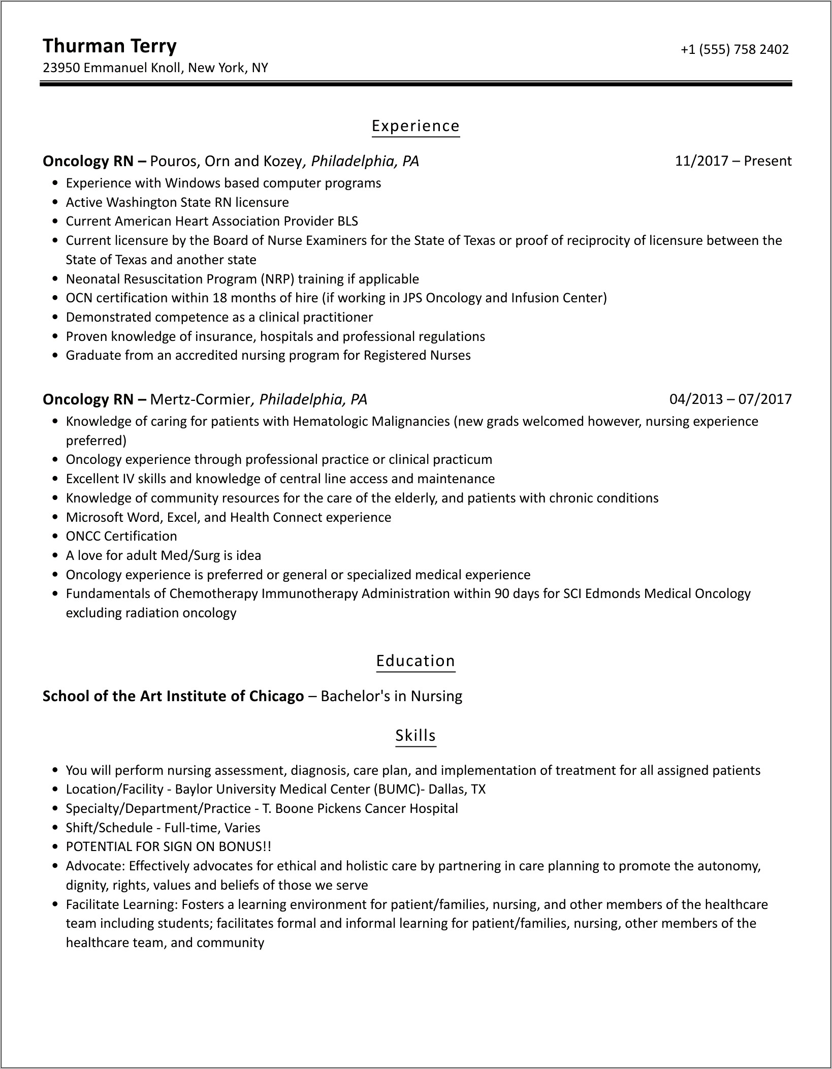 Objective For Oncology Nurse Resume
