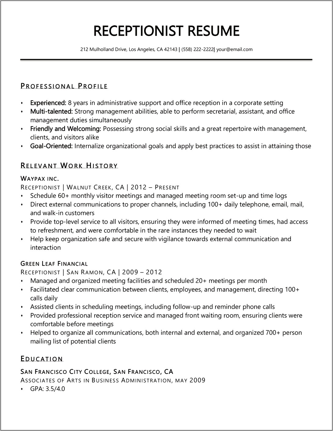 Objective For Receptionist Resume Examples
