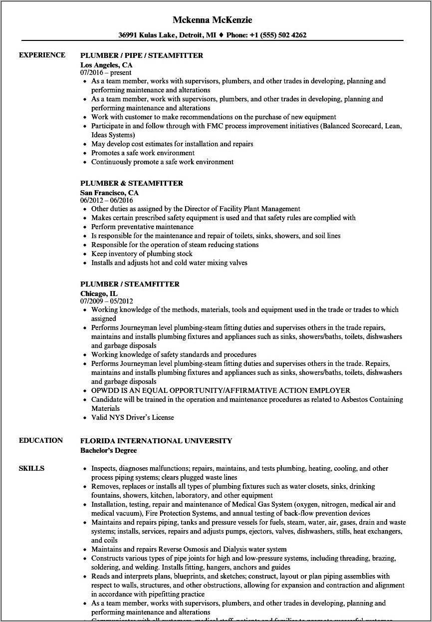 Objective For Resume Pipefitter Examples
