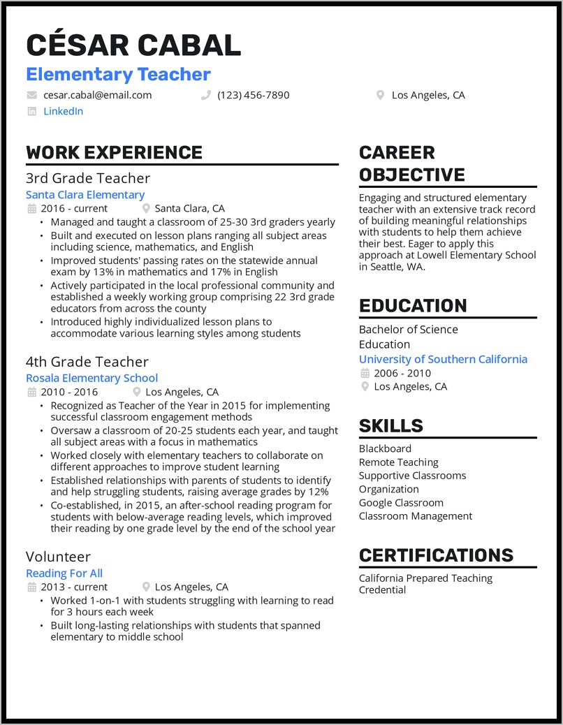 Objective For Resume Teacher Samples
