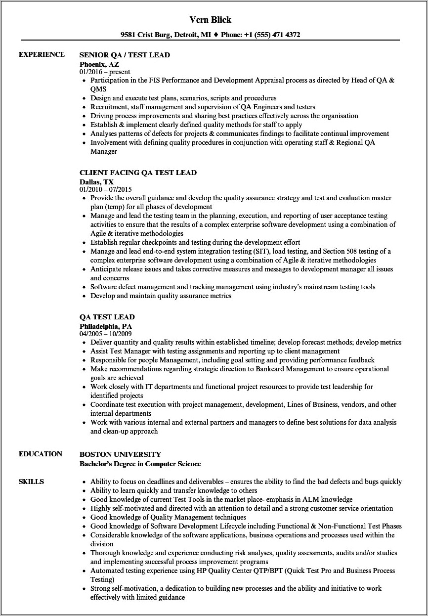 Objective For Test Lead Resume