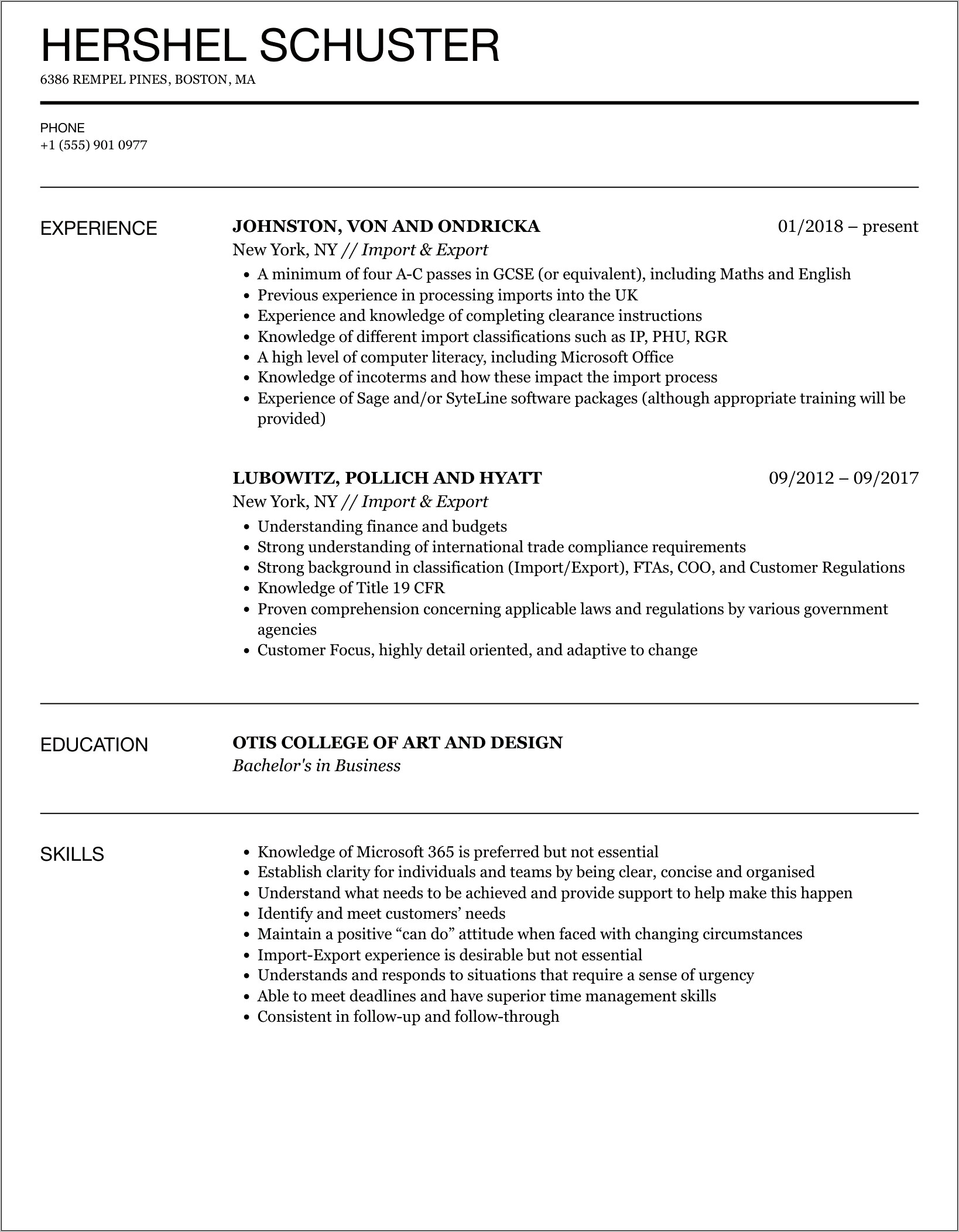 Objective Import Export Manager Resume