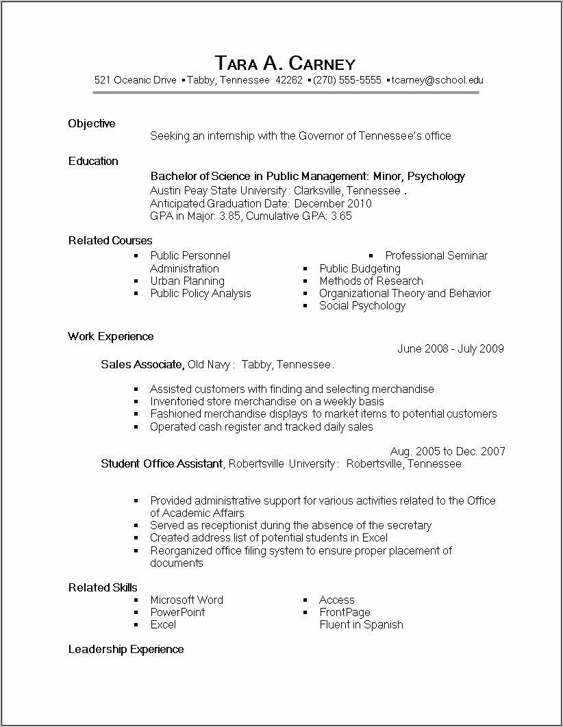 Objective In A Resume Intership