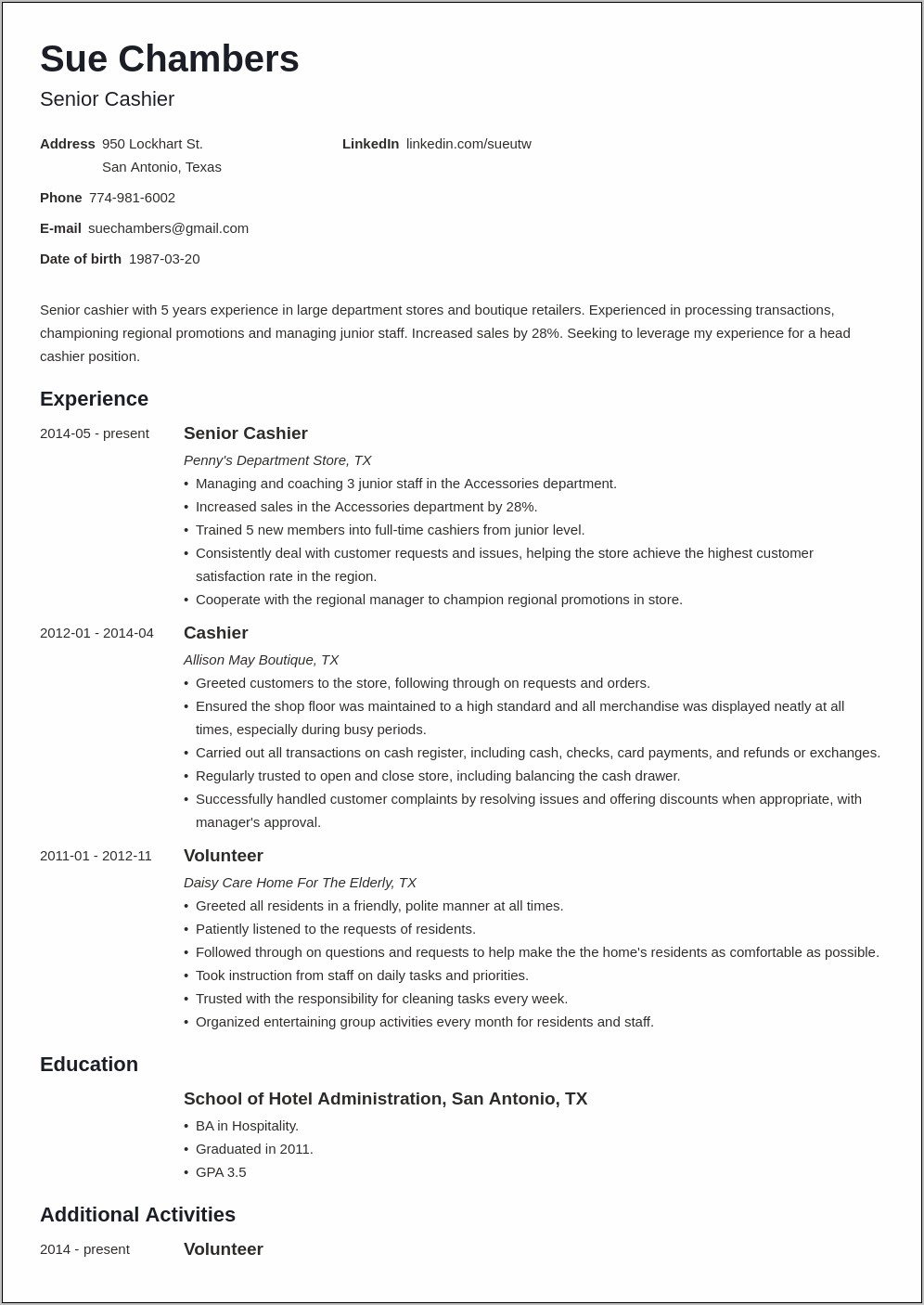 Objective Statement For Cashier Resume