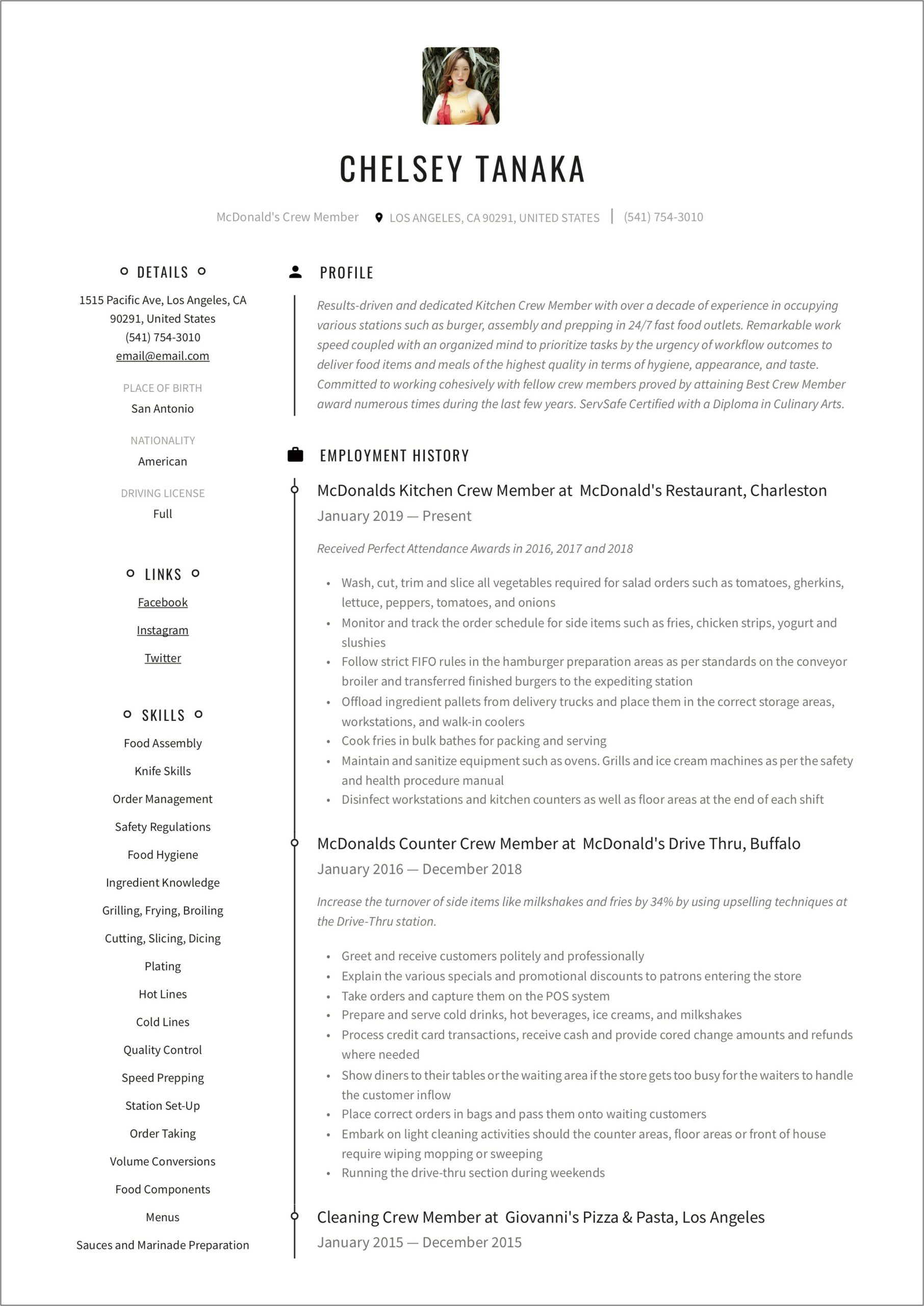 Objective Statements For Resume Mcdonalds