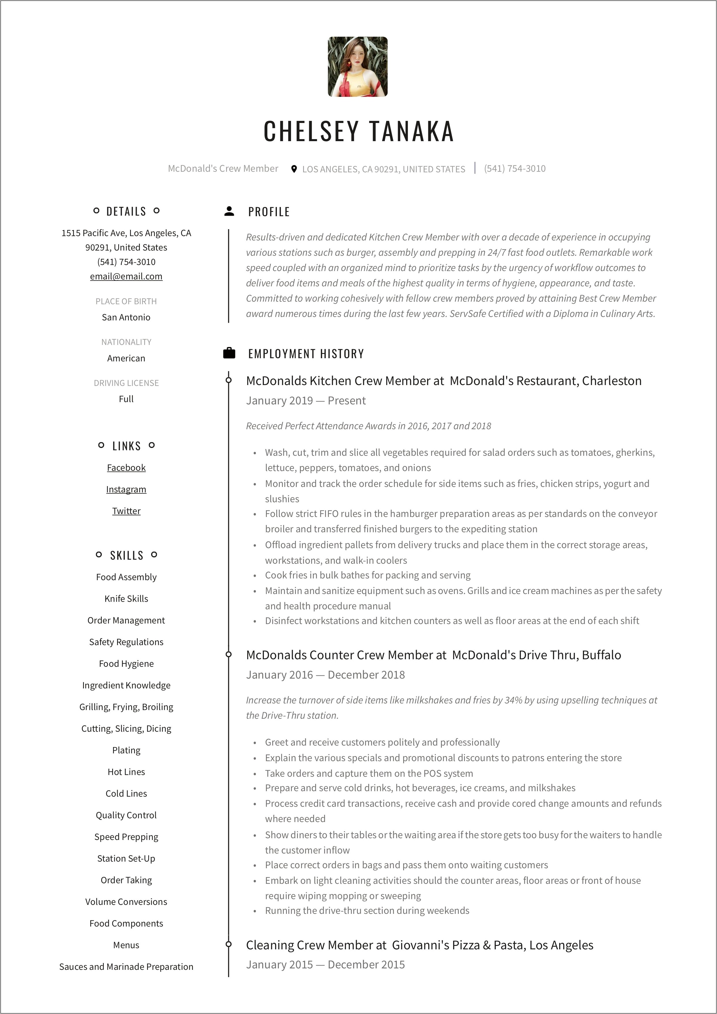 Objective Statements For Resume Mcdonalds