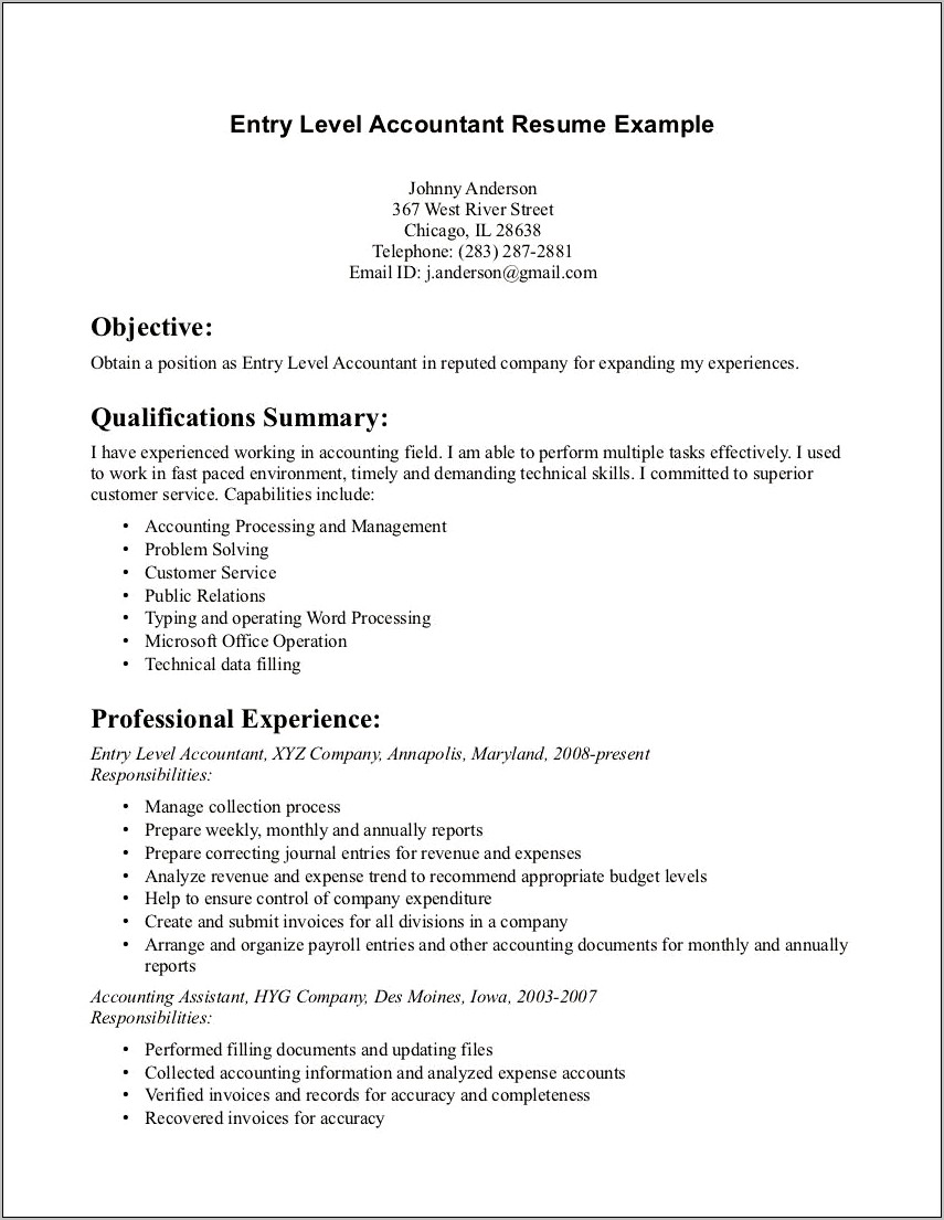 Objective Summary For Accounting Resume